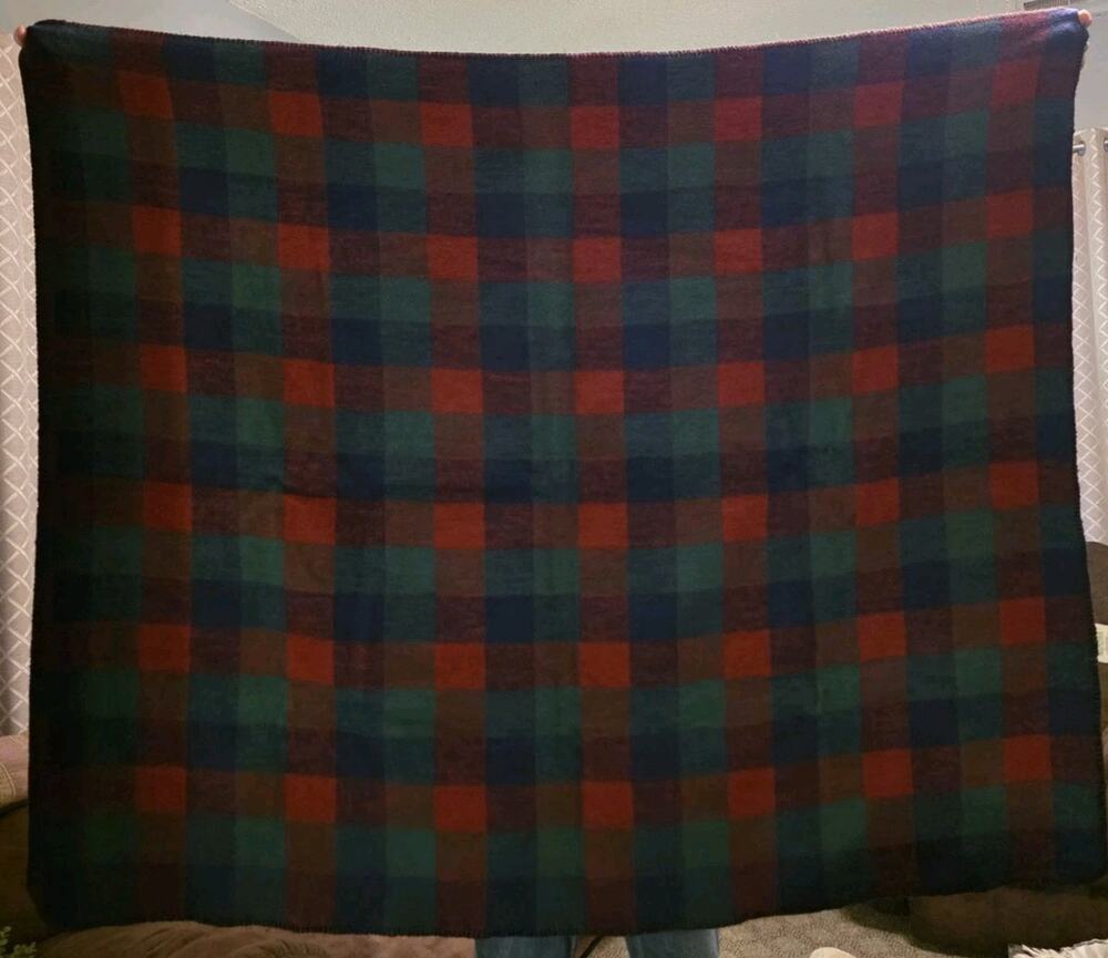 Vintage Biederlack Blanket Throw Plaid/Striped Green Burgundy USA Made 59x47"
